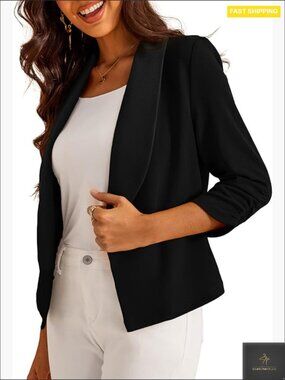 Cropped Blazer 3/4 Sleeve Open Front Cardigan Jacket Business Casual Chic